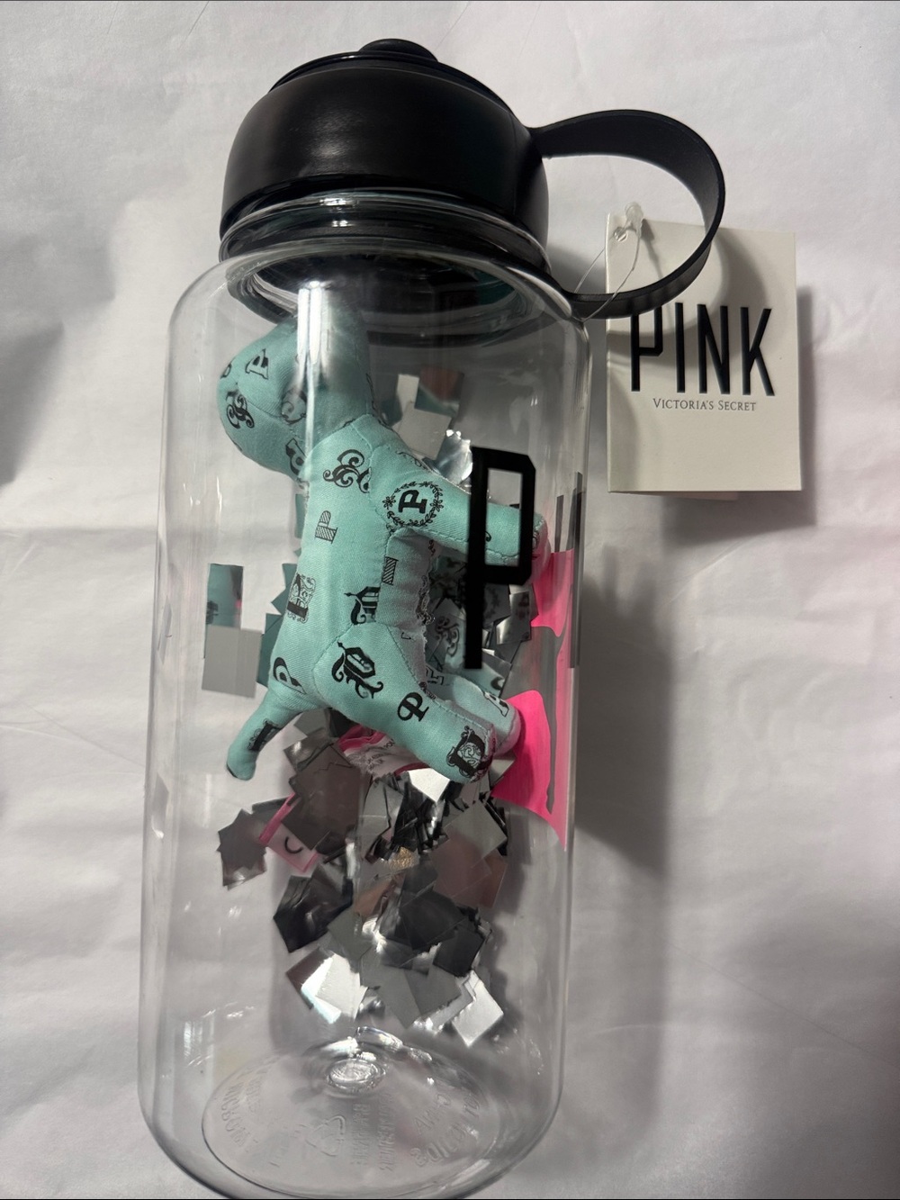 PINK 32oz. Clear Water Bottle w/ Black PINK Letters (NWT) & Mini dog